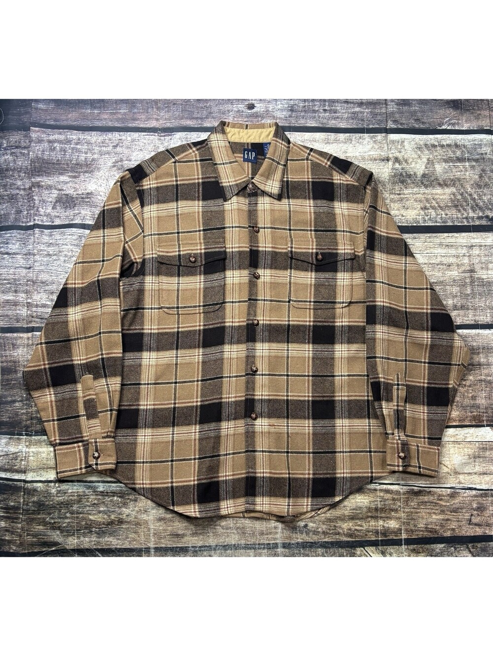VTG Gap Shirt Mens XL Flannel Wool Blend Beige Wood Buttons 90s